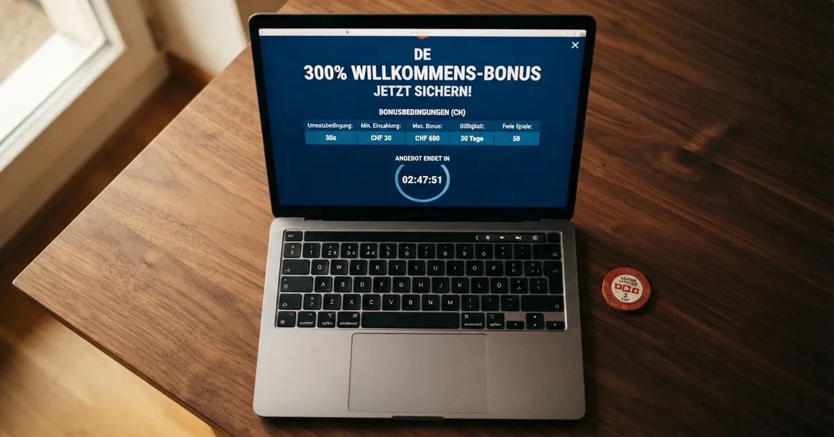 Bildschirm mit Bonusbedingungen, Einsatztabelle und einer Uhr im Hintergrund — online casino mit 300% bonus