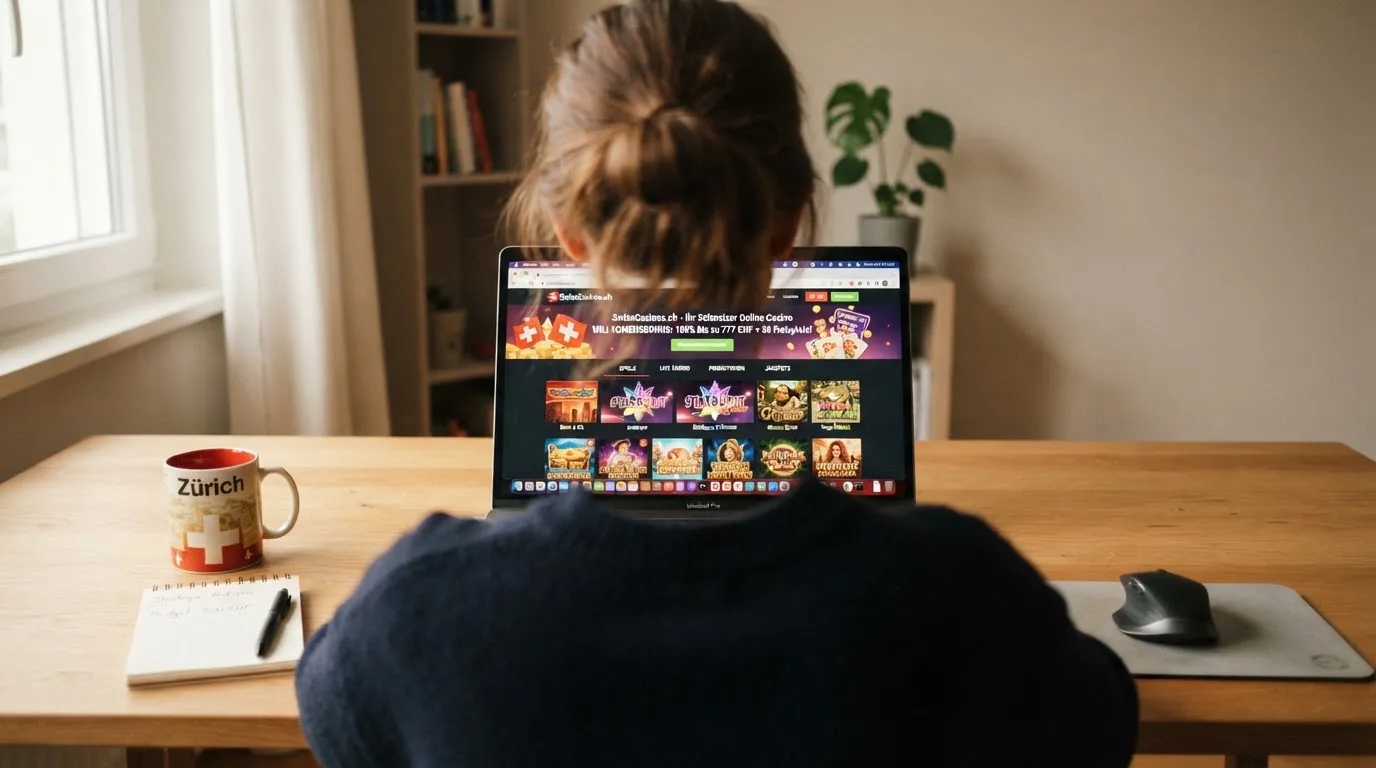 Person am Laptop liest eine Übersichtsseite zu Geldspielen im Internet — online casino mit 400% bonus