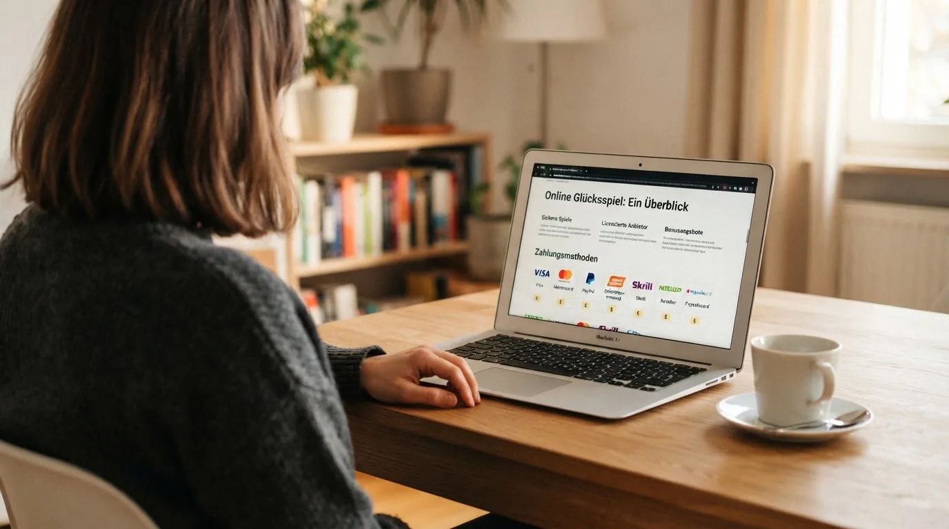 Person am Laptop liest eine Übersichtsseite zu Geldspielen im Internet — online casino mit 500% bonus