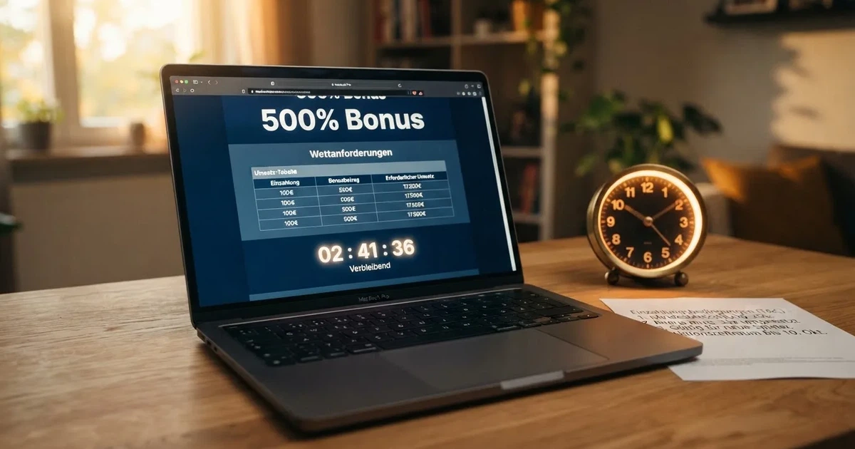 Bildschirm mit Bonusbedingungen, Einsatztabelle und einer Uhr im Hintergrund — online casino mit 500% bonus