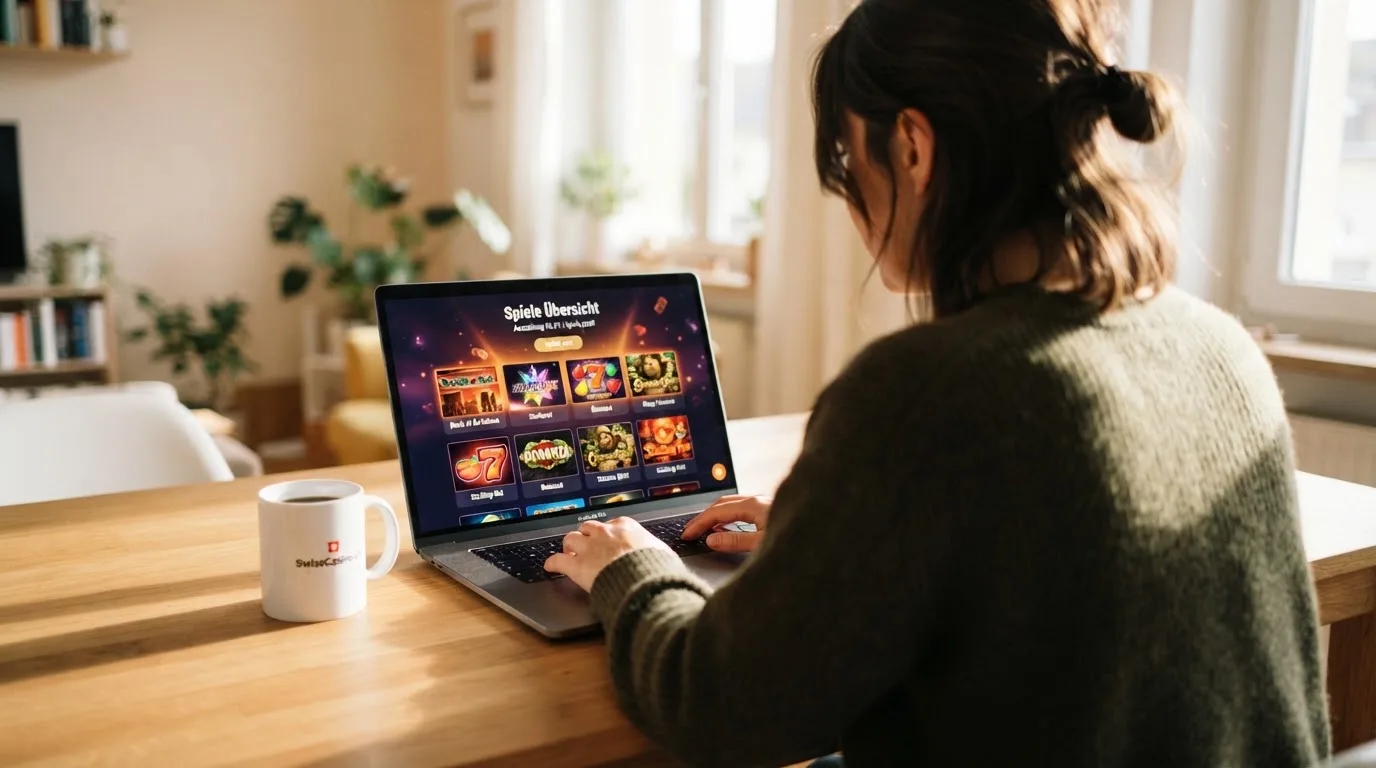 Person am Laptop liest eine Übersichtsseite zu Geldspielen im Internet — online casino mit autoplay