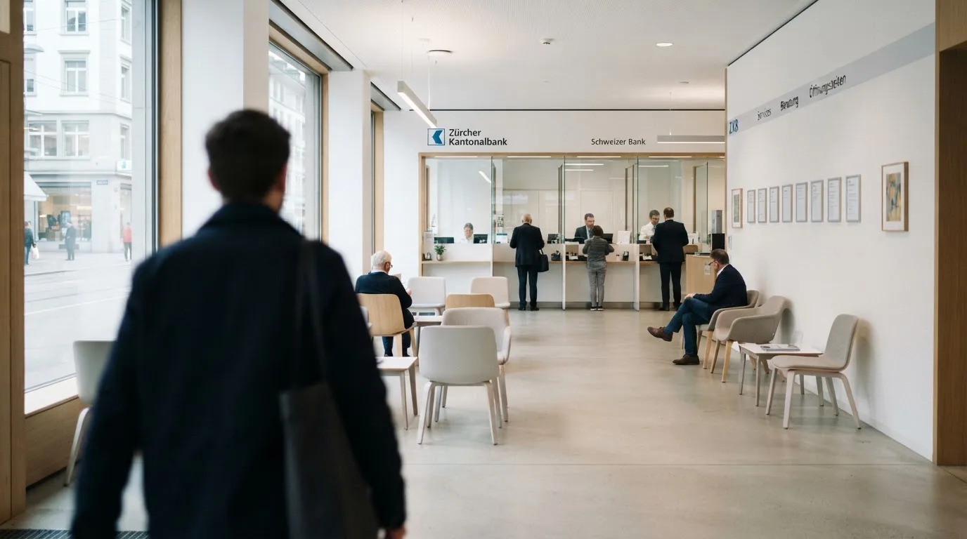 Blick auf eine helle Bankfiliale mit Wartebereich, im Vordergrund unscharf eine Person mit Jacke.